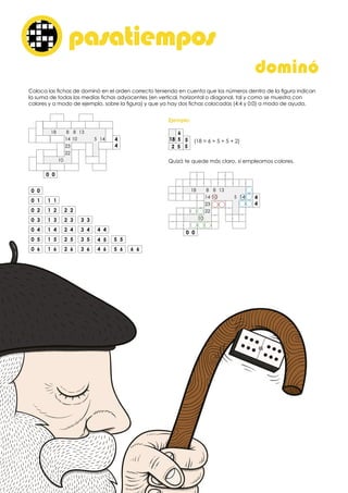 dominó
pasatiemposo
Coloca las fichas de dominó en el orden correcto teniendo en cuenta que los números dentro de la figura indican
la suma de todas las medias fichas adyacentes (en vertical, horizontal o diagonal, tal y como se muestra con
colores y a modo de ejemplo, sobre la figura) y que ya hay dos fichas colocadas (4:4 y 0:0) a modo de ayuda.
4
4
0 0
18 8 8 13
14
23
22
10
10 5 14
Ejemplo:
Quizá te quede más claro, si empleamos colores.
(18 = 6 + 5 + 5 + 2)
2 5
5
5
6
518
4
4
0 0
18 8 8 13
14
23
22
10
10 5 14
0 0
0 1 1 1
0 2 1 2 2 2
0 3 1 3 2 3 3 3
0 4 1 4 2 4 3 4 4 4
0 5 1 5 2 5 3 5 5 5
0 6 1 6 2 6 3 6 4 6 5 6 6 6
4 5
 