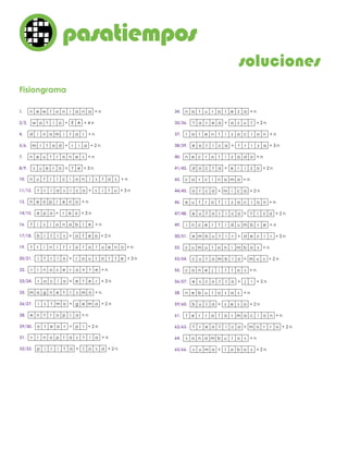 soluciones
Fisiongrama
1. n e w t o n i a n a + n
4. d i n a m i t a r + n
16. f i s i o n a b l e + n
37. r a l e n t i z a c i o n + n
19. t r i n i t r o t o l u e n o + n
40. n e c r o t i z a d o + n
43. c a r c i n o m a + n
49. i n c e r t i d u m b r e + n
46. e u t r o f i z a c i o n + n
52. c u m u l o n i m b o s + n
61. t e r r a f o r m a c i o n + n
64. s o n a m b u l o s + n
55. c o n e j i l l o s + n
58. n e b u l o s a s + n
7. n e u t r o n e s + n
10. n u t r i c i o n i s t a s + n
13. n e o p r e n o + n
34. n a t u r a l e z a + n
2/3. w a t i o E A+ + 4 n
5/6. m i t a d r i a+ + 2 n
17/18. b i l i s a f e o+ + 2 n
38/39. e o l i c a t r i z a+ + 3 n
11/12.
14/15.
35/36.
t r i a s i c o
e p o
t a r e a
s i t u
r e o
a z u l
+
+
+
+ 3 n
+ 3 n
+ 2 n
20/21. i t r i o r o u l o t t e+ + 3 n
41/42. d o c t a e r i z o+ + 2 n
44/45. o r c a m i c a+ + 2 n
59/60. b u l a s e s o+ + 2 n
62/63. f r e a t i c a m o r r o+ + 2 n
65/66. s u m a l o b o s+ + 2 n
47/48.
53/54.
50/51.
56/57.
e u f o r i c o
c u l o m b i o
e m b u t i r
e s c o l l o
t i z a+ + 2 n
m u s+ + 2 n
d e c i r
j i
+
+
+ 2 n
+ 2 n
8/9. s u e r o t e+ + 3 n
22. r i n o c e r o n t e + n
25. m a g n e t i s m o + n
28. e n t r o p i a + n
31. r i n o p l a s t i a + n
23/24. r o c i o e t e r+ + 3 n
26/27. i s t m o g e m a+ + 2 n
32/33. p i r i t a l o s a+ + 2 n
29/30. o t e a r p i+ + 2 n
pasatiemposo
 