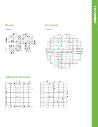soluciones
Dominó
La solución:
4
4
5
4
4
0 1
3
4
35
1
6
31
1
6
55
5
0 0
2 2
6 2
5 2 2 4
6 4 1 4
5 3
1 0 0 2 2 3
0 3
3 3
2 1 1 6 6 0 0 5
6 6
18 8 8 13
14
23
22
10
10 5 14
Submarinos españoles
G A R C I B U Z O
I P
C E
T R
I A
N L
E
O
S A N J U R J O
R J
I
I
2
2
8
2 15 17
18
8
14
3
17
7
3
6
8
9
2
1
5
4
En i
pe ra
en A me ri
die ci
ba en el Po
cial …
jo ce
an tar
de ba
ca las
ter mo
das con
tan tes par tes
tri ca
dos cen
tte ras
ra del
ño es
de las
lo Gla
mun do
mi bles
frí ola ti
tu ras
ta quin
gual
es
tud
rio
las
cial
co
La
de
ba
con
lo
tra
Gla
no
me
ci
dia
de
he
mis
pe
fe
ra
tu
ce
gra
de
dos
las
nue
ro
ve
Ha
re
el
me
gra
gio
nom
nes
bre
mas
de
ti
nue
por
res
co
vo
pe
con
ti
jo
a
ti
y
son
gra
se
dos
en
tem
es
el
la
te
tem
Po
del
del
te
ro
nen
dad
mas
Verbricolaje
La solución:
 