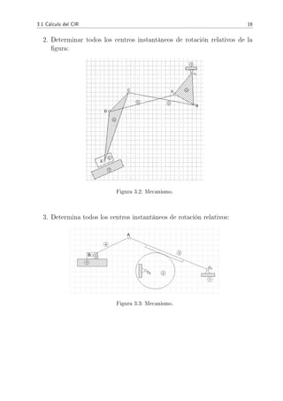 3.1 Cálculo del CIR 16
2. Determinar todos los centros instantáneos de rotación relativos de la
gura:
Figura 3.2: Mecanismo.
3. Determina todos los centros instantáneos de rotación relativos:
Figura 3.3: Mecanismo.
 