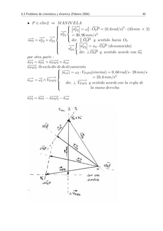 6.3 Problema de cinemática y dinámica (Febrero 2004) 45
• P ∈ elto 2 ⇒ MANIV ELA
−→aP2 =
−→
an
P2 +
−→
at
P2



−→
an
P2



−→
an
P2 = ω2
2 · O2P = (0, 6rad/s)2
· (43 mm × 2)
= 30, 96 mm/s2
dir. O2P y sentido hacia O2
−→
at
P2
−→
at
P2 = α2 · O2P (desconocida)
dir. ⊥ O3P y sentido acorde con −→α3
por otra parte :
−→aP4 = −→aP2 + −−−→aP4P2 + −→acor
−−−→aP4P2 lleva la dir de deslizamiento
−→acor = −→ω2 ∧
−−−→
VP4P2



|−→acor| = ω2 · VP4P2(cinema) = 0, 60 rad/s · 28 mm/s
= 33, 6 mm/s2
dir. ⊥
−−−→
VP4P2 y sentido acorde con la regla de
la mano derecha
−→aP2 = −→aP4 − −−−→aP4P2 − −→acor
 