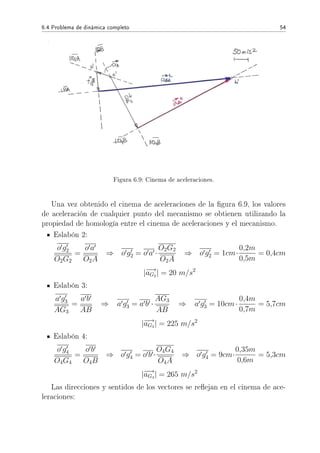 6.4 Problema de dinámica completo 54
Figura 6.9: Cinema de aceleraciones.
Una vez obtenido el cinema de aceleraciones de la gura 6.9, los valores
de aceleración de cualquier punto del mecanismo se obtienen utilizando la
propiedad de homología entre el cinema de aceleraciones y el mecanismo.
Eslabón 2:
o g2
O2G2
=
o a
O2A
⇒ o g2 = o a ·
O2G2
O2A
⇒ o g2 = 1cm·
0,2m
0,5m
= 0,4cm
|−→aG2
| = 20 m/s2
Eslabón 3:
a g3
AG3
=
a b
AB
⇒ a g3 = a b ·
AG3
AB
⇒ a g3 = 10cm·
0,4m
0,7m
= 5,7cm
|−→aG3
| = 225 m/s2
Eslabón 4:
o g4
O4G4
=
o b
O4B
⇒ o g4 = o b ·
O4G4
O4A
⇒ o g4 = 9cm·
0,35m
0,6m
= 5,3cm
|−→aG4
| = 265 m/s2
Las direcciones y sentidos de los vectores se reejan en el cinema de ace-
leraciones:
 
