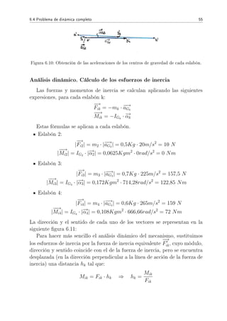 6.4 Problema de dinámica completo 55
Figura 6.10: Obtención de las aceleraciones de los centros de gravedad de cada eslabón.
Análisis dinámico. Cálculo de los esfuerzos de inercia
Las fuerzas y momentos de inercia se calculan aplicando las siguientes
expresiones, para cada eslabón k:
−→
Fik = −mk · −→aGk
−−→
Mik = −IGk
· −→αk
Estas fórmulas se aplican a cada eslabón.
Eslabón 2:
|
−→
Fi2| = m2 · |−→aG2
| = 0,5Kg · 20m/s2
= 10 N
|
−−→
Mi2| = IG2
· |−→α2| = 0,0625Kgm2
· 0rad/s2
= 0 Nm
Eslabón 3:
|
−→
Fi3| = m3 · |−→aG3
| = 0,7Kg · 225m/s2
= 157,5 N
|
−−→
Mi3| = IG3
· |−→α3| = 0,172Kgm2
· 714,28rad/s2
= 122,85 Nm
Eslabón 4:
|
−→
Fi4| = m4 · |−→aG4
| = 0,6Kg · 265m/s2
= 159 N
|
−−→
Mi4| = IG4
· |−→α4| = 0,108Kgm2
· 666,66rad/s2
= 72 Nm
La dirección y el sentido de cada uno de los vectores se representan en la
siguiente gura 6.11:
Para hacer más sencillo el análisis dinámico del mecanismo, sustituimos
los esfuerzos de inercia por la fuerza de inercia equivalente
−→
Fik, cuyo módulo,
dirección y sentido coincide con el de la fuerza de inercia, pero se encuentra
desplazada (en la dirección perpendicular a la línea de acción de la fuerza de
inercia) una distancia hk tal que:
Mik = Fik · hk ⇒ hk =
Mik
Fik
 
