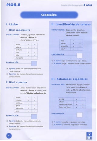 PLON-R Cuadernillo de anotación 3 años
Contenido
l. Léxico 11. Identificacion de colores
1. Nivel comprensivo fNSTRI1lCCION,es(:Qge la ficha de color...
(Mezclar las fichas después
INSTRUCCIONES: Vamos a jugar con esta lámina
(Mostrar LÁMINA 2).
Pon el dedo en el I la...
árbol + - verde
-
de cada intento).
+
pájaro + -
cuchara + -
vaso + -
silla + -
manzana + -
PUNTUACiÓN
o 1 punto: todos los elementos nombrados
correctamente.
O Opuntos: 5 o menos elementos nombrados
correcta mente.
2. Nivel expresivo
INSTRUCCIONES: Ahora fíjate bien en esta lámina
(Mostrar LÁMINA 3). Dime, ¿qué
es esto? (Señalar cada elemento)
-
-
-
-
-
-
amarillo +
azul +
PUNTUACiÓN
D
1pJitl1to:coge correctamente las 4 fichas.
Oplíl'1tos:coge J o menos fichas correctamente.
111. Relaciones espaciales
INSTRUCCIONES: Ahora vamos a jugar con este
coche y este bote (Dejar el
coche y el bote sobre la mesa).
Pon el coche...
arriba + -
abajo + -
dentro del bote +
fuera del bote + -
PUNTUACiÓN
O 1 punto: todos los elementos nombrados
correctamente.
O Opuntos: 5 o menos elementos nombrados
correctamente.
O 1 punto: todas las respuestas correctas.
Opuntos: 3 o menos respuestas correctas.
avión +
caballo +
teléfono +
gafas +
pantalón +
pera +
 