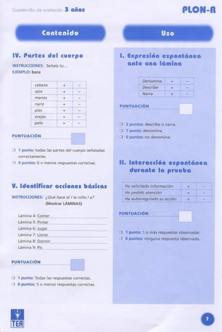 .
(uadernilloÓ2 anotación 3 años
IV. Partes del cuerpo
INSTRUCCIONES:Señala tu...
EJEMPLO:boca
cabeza + -
ojos
manos
+
+
-
-
nariz + -
pies + -
orejas + -
pelo + -
PLON-A
espontánea
ml,na
PUNTUACiÓN
o 1 punto: todas las partes del cuerpo señaladas
correctamente.
O Opuntos: 6 o menos respuestas correctas.
V. Identificar acciones basicas
INSTRUCCIONES:¿ Qué hace el/la niño / a?
(Mostrar lÁMINAS)
lámina 4: Comer
lámina 5: Pintar
lámina 6: Juqar
lámina 7: Llorar
lámina 8: Dormir
lámina 9: Pis
PUNTUACiÓN
O 1 punto: Todas las respuestas correctas.
O Opuntos: 5 o menos respuestas correctas.
1
 