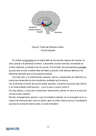 10
Figura 2. Partes del Sistema Límbico.
Fuente wikipedia
En cambio, el hipocampo es el responsable de que seamos capaces de recordar, es
decir, gracias a él podremos contribuir a desarrollar nuevas memorias, recordando los
hechos anteriores y enlazarlos con los nuevos. Por otro lado, hay que destacar la amígda-
la, pues esta se sitúa a ambos lados del tálamo y gracias a ella estamos abiertos a los
diferentes estímulos que se nos pueden presentar.
Con todo esto y, lo anteriormente expuesto, vamos a relacionarlos las diferentes ac-
ciones que desarrollan los dos hemisferios cerebrales con la música.
Así, al escuchar el sonido de una tiza arañar la pizarra, o arrastrar una puerta que rechina,
o oir voces gritando continuamente…¿Qué le pasa a nuestro cerebro?
De esta manera, y como bien introducimos anteriomente ¿dónde se ubica la música de-
ntro de nuestro cerebro?
Muchas investigaciones apuntan a que el hemisferio derecho es el encargado de la re-
cepcion de estimulos tales como la música, pero no existe ninguna teoría e investigación
que sitúe la música de manera clara y en este hemisferio.
 