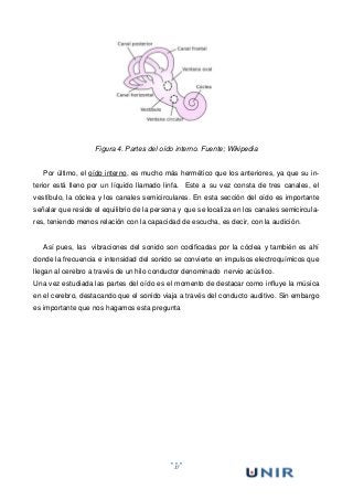 17
Figura 4. Partes del oído interno. Fuente; Wikipedia
Por último, el oído interno, es mucho más hermético que los anteriores, ya que su in-
terior está lleno por un líquido llamado linfa. Este a su vez consta de tres canales, el
vestíbulo, la cóclea y los canales semicirculares. En esta sección del oído es importante
señalar que reside el equilibrio de la persona y que se localiza en los canales semicircula-
res, teniendo menos relación con la capacidad de escucha, es decir, con la audición.
Así pues, las vibraciones del sonido son codificadas por la cóclea y también es ahí
donde la frecuencia e intensidad del sonido se convierte en impulsos electroquímicos que
llegan al cerebro a través de un hilo conductor denominado nervio acústico.
Una vez estudiada las partes del oído es el momento de destacar como influye la música
en el cerebro, destacando que el sonido viaja a través del conducto auditivo. Sin embargo
es importante que nos hagamos esta pregunta
 