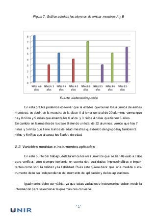 34
Figura 7. Gráfico edad de los alumnos de ambas muestras A y B
Fuente: elaboración propia
En esta gráfica podemos observar que la edades que tienen los alumnos de ambas
muestras, es decir, en la muestra de la clase A al tener un total de 20 alumnos vemos que
hay 8 niños y 5 niñas que alcanza los 6 años y 3 niños 4 niñas que tienen 5 años.
En cambio en la muestra de la clase B siendo un total de 22 alumnos, vemos que hay 7
niños y 5 niñas que tiene 6 años de edad miestras que dentro del grupo hay también 3
niños y 6 niñas que alcanza los 5 años de edad.
2.2. Variables medidas e instrumentos aplicados
En este punto del trabajo, detallaremos los instrumentos que se han llevado a cabo
para verificar, pero siempre teniendo en cuenta dos cualidades imprescindibles e impor-
tantes como son; la validez y la fiabilidad. Pues esto quiere decir que una medida o ins-
trumento debe ser independiente del momento de aplicación y de los aplicadores.
Igualmente, debe ser válida, ya que estas variables o instrumentos deben medir la
información para seleccionar la que más nos conviene.
 