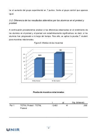 40
lar el aumento del grupo experimental en 7 puntos frente al grupo control que aparece
igual.
3.2. Diferencia de los resultados obtenidos por los alumnos en el pretest y
postest
A continuación procederemos analizar si las diferencias observadas en el rendimiento de
los alumnos en el pretest y el postest son estadísticamente significativas, es decir, si los
alumnos han progresado a lo largo del tiempo. Para ello, se aplica la prueba T student
para muestras relacionadas.
Figura 8. Medias de las muestras
0
2
4
6
8
10
12
14
TOTAL Pretest TOTAL Postest
10,26
13,5
Prueba de muestras relacionadas
t gl Sig. (bilateral)
Par 1 TOTAL Pretest - TOTAL
Postest
-5,402 41 ,000
 