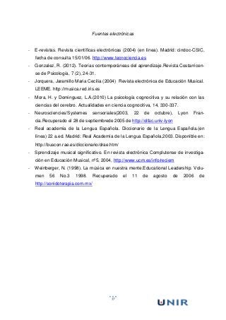 57
Fuentes electrónicas
- E-revistas. Revista científicas electrónicas (2004) (en línea). Madrid: cindoc-CSIC,
fecha de consulta 15/01/06. http://www.tecnociencia.es
- Gonzalez, R. (2012). Teorías contemporáneas del aprendizaje.Revista Costarricen-
se de Psicología, 7 (2), 24-31.
- Jorquera, Jaramillo Maria Cecilia (2004) Revista electrónica de Educación Musical.
LEEME. http://musica.red.iris.es
- Mora, H. y Dominguez, L.A.(2010) La psicología cognocitiva y su relación con las
ciencias del cerebro. Actualidades en ciencia cognocitiva, 14, 330-337.
- Neurosciencies/Systemes sensoriales(2003, 22 de octubre), Lyon Fran-
cia.Recuperado el 28 de septiembrede 2005 de http://olfac.univ-lyon
- Real academia de la Lengua Española. Diccionario de la Lengua Española.(en
línea) 22 a.ed. Madrid: Real Academia de la Lengua Española,2003. Disponible en:
http://buscon.rae.es/diccionario/drae.htm/
- Sprendizaje musical significativo. En revista electrónica Complutense de investiga-
ción en Educación Musical, nº5, 2004, http://www.ucm.es/info/reciem
- Weinberger, N. (1998). La música en nuestra mente.Educational Leadership. Volu-
men 56 No.3 1998. Recuperado el 11 de agosto de 2006 de
http://sonidoterapia.com.mx/
 
