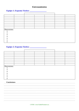 © PCM - www.FutbolFormativo.es
Entrenamientos
Equipo–1. Esquema Táctico: __________________
Observaciones:
•
•
•
•
•
•
•
Equipo–2. Esquema Táctico: __________________
Observaciones:
•
•
•
•
•
•
•
Conclusiones
 