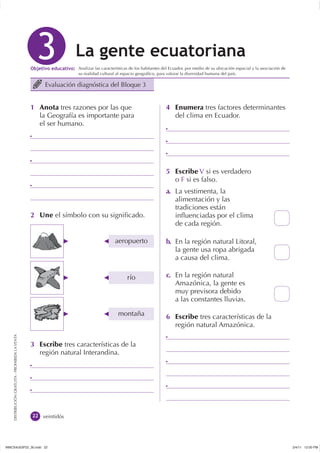 Analizar las características de los habitantes del Ecuador, por medio de su ubicación espacial y la asociación de
        ...