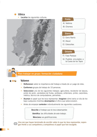 Ubica
                                                           Localiza
                                                                                                                  Costa
                                                                                                             A) V
                                                                                                             B)


                                                                                                                  Sierra
                                                                                                             C)
                                                                                                             D)
                                                                                                             E)


                                                                                                                  Oriente
                                                                                                             F)
                                                                                                             G)
                                                                                                                            T




                                                         Para trabajar en grupo: formación ciudadana


                                                           Valoren
                                                              Reﬂexionen
                                                              Conformen                       10
DISTRIBUCIÓN GRATUITA - PROHIBIDA SU REPRODUCCIÓN




                                                              Seleccionen



                                                              Asuman                                     Imaginen               -
                                                                                       desempeñan
                                                                                contesten

                                                                       Describe el trabajo que te toca desempeñar.
                                                                        Identiﬁca las diﬁcultades de este trabajo.
                                                                          Menciona sus gratiﬁcaciones.




                                                    16
 