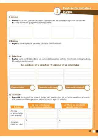 Evaluación sumativa
                                                           I         Bloque
I Nombrar
   Enumera dos usos que tuvo la concha Spondylus en las sociedades agrícolas incipientes.
   Haz una ilustración que permita comprenderlos:




II Explicar
    Expresa, con tus propias palabras, para qué sirve la historia:




III Reflexionar
    Explica cómo cambió la vida de las comunidades cuando ya hubo excedentes en la agricultura.
    Llena el siguiente cuadro:
                 Los excedentes en la agricultura y los cambios en las comunidades




  Clases sociales                    Desarrollo en técnicas            Intercambio comercial


IV Identificar                                                                                        DISTRIBUCIÓN GRATUITA - PROHIBIDA SU REPRODUCCIÓN

    Reconoce dos diferencias entre el tipo de vida que llevaban los primeros pobladores y aquella
    que sostenían quienes ya vivían en una sociedad agrícola superior:

                            La vida en las bandas                    La vida en las sociedades
     Criterios            de los primeros pobladores                    agrícolas superiores

 ¿De qué             1.                                        1.
 se alimentaban
 básicamente?

                     2.                                        2.
 ¿Existían
 clases sociales?


                                                                                                 17
 
