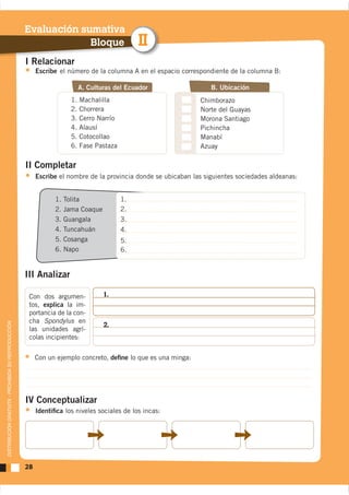 Evaluación sumativa
                                                                 Bloque                        II
                                                    I Relacionar
                                                         Escribe el número de la columna A en el espacio correspondiente de la columna B:

                                                                           A. Culturas del Ecuador                 B. Ubicación
                                                                      1.   Machalilla                          Chimborazo
                                                                      2.   Chorrera                            Norte del Guayas
                                                                      3.   Cerro Narrío                        Morona Santiago
                                                                      4.   Alausí                              Pichincha
                                                                      5.   Cotocollao                          Manabí
                                                                      6.   Fase Pastaza                        Azuay

                                                    II Completar
                                                         Escribe el nombre de la provincia donde se ubicaban las siguientes sociedades aldeanas:


                                                               1.   Tolita                1.
                                                               2.   Jama Coaque           2.
                                                               3.   Guangala              3.
                                                               4.   Tuncahuán             4.
                                                               5.   Cosanga               5.
                                                               6.   Napo                  6.


                                                    III Analizar

                                                     Con dos argumen-              1.
                                                     tos, explica la im-
                                                     portancia de la con-
                                                     cha Spondylus en
DISTRIBUCIÓN GRATUITA - PROHIBIDA SU REPRODUCCIÓN




                                                                                   2.
                                                     las unidades agrí-
                                                     colas incipientes:


                                                         Con un ejemplo concreto, deﬁne lo que es una minga:




                                                    IV Conceptualizar
                                                         Identiﬁca los niveles sociales de los incas:




                                                    28
 