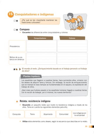 15 Conquistadores e indígenas
               ¿Por qué es tan importante mantener las
               tradiciones culturales?


              Compara
                Encuentra las diferencias entre conquistadores y colonos:


                              Conquistadores                                Colonos



Procedencia




Motivo de su es-
tancia en América




                El mundo al revés: ¿Enriquecimiento basado en el trabajo personal o el trabajo
                de otros?

                 Plantea hipótesis
               Los españoles que llegaron a nuestras tierras, hace quinientos años, vinieron con
               los deseos de adquirir fama y fortuna. Sin embargo, la noción de enriquecimiento
               que se manejó en esos tiempos se fundamentaba en el saqueo y la explotación del
               trabajo de otros.

                                                                                                      DISTRIBUCIÓN GRATUITA - PROHIBIDA SU REPRODUCCIÓN
               ¿Qué crees que hubiera pasado si los españoles hubieran llegado a nuestras tierras
               con la noción de trabajar, por sí mismos, los nuevos territorios?



              Relata: resistencia indígena
                Desarrolla un pequeño relato que ilustre la resistencia indígena a través de los
                años. Toma en cuenta los siguientes elementos para ello:


                                                                                Los indígenas en
   Conquista             Tierra            Alzamiento          Comunidad
                                                                                 la actualidad


                Utiliza estos elementos como desees, según la secuencia que describas en tu relato.

                                                                                               35
 