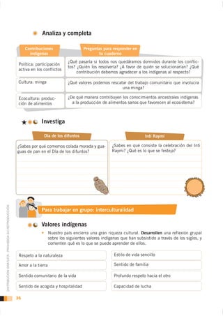 Analiza y completa

                                                         Contribuciones                    Preguntas para responder en
                                                           indígenas                              tu cuaderno
                                                                                  ¿Qué pasaría si todos nos quedáramos dormidos durante los conflic-
                                                     Política: participación
                                                                                  tos? ¿Quién los resolvería? ¿A favor de quién se solucionarían? ¿Qué
                                                     activa en los conflictos
                                                                                       contribución debemos agradecer a los indígenas al respecto?

                                                     Cultura: minga               ¿Qué valores podemos rescatar del trabajo comunitario que involucra
                                                                                                             una minga?

                                                     Ecocultura: produc-          ¿De qué manera contribuyen los conocimientos ancestrales indígenas
                                                     ción de alimentos              a la producción de alimentos sanos que favorecen al ecosistema?



                                                                 Investiga

                                                                   Día de los difuntos                                      Inti Raymi

                                                    ¿Sabes por qué comemos colada morada y gua-           ¿Sabes en qué consiste la celebración del Inti
                                                    guas de pan en el Día de los difuntos?                Raymi? ¿Qué es lo que se festeja?
DISTRIBUCIÓN GRATUITA - PROHIBIDA SU REPRODUCCIÓN




                                                                 Para trabajar en grupo interculturalidad
                                                                                  grupo:

                                                                 Valores indígenas
                                                                        Nuestro país encierra una gran riqueza cultural. Desarrollen una reflexión grupal
                                                                        sobre los siguientes valores indígenas que han subsistido a través de los siglos, y
                                                                        comenten qué es lo que se puede aprender de ellos.

                                                     Respeto a la naturaleza                               Estilo de vida sencillo

                                                     Amor a la tierra                                      Sentido de familia

                                                     Sentido comunitario de la vida                        Profundo respeto hacia el otro

                                                     Sentido de acogida y hospitalidad                     Capacidad de lucha

                                                    36
 