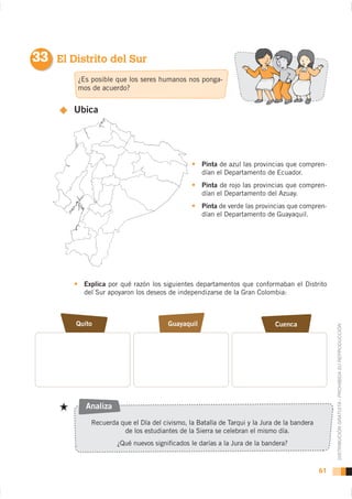 33 El Distrito del Sur
        ¿Es posible que los seres humanos nos ponga-
        mos de acuerdo?


        Ubica




                                                  Pinta de azul las provincias que compren-
                                                  dían el Departamento de Ecuador.
                                                  Pinta de rojo las provincias que compren-
                                                  dían el Departamento del Azuay.
                                                  Pinta de verde las provincias que compren-
                                                  dían el Departamento de Guayaquil.




          Explica por qué razón los siguientes departamentos que conformaban el Distrito
          del Sur apoyaron los deseos de independizarse de la Gran Colombia:



        Quito                         Guayaquil                            Cuenca

                                                                                                 DISTRIBUCIÓN GRATUITA - PROHIBIDA SU REPRODUCCIÓN




           Analiza
            Recuerda que el Día del civismo, la Batalla de Tarqui y la Jura de la bandera
                      de los estudiantes de la Sierra se celebran el mismo día.
                     ¿Qué nuevos signiﬁcados le darías a la Jura de la bandera?



                                                                                            61
 