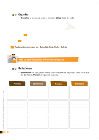 Organiza
                                                                     Completa la secuencia como el ejemplo. Utiliza datos del texto:




                                                               Para trabajar en grupo: formación ciudadana


                                                              Reﬂexionen
                                                                     Identiﬁquen las ventajas de formar una confederación de países, como fue el sue-
                                                                     ño de Bolívar. Utilicen el siguiente esquema:



                                                         Políticas                Económicas                 Sociales                  Ecológicas
DISTRIBUCIÓN GRATUITA - PROHIBIDA SU REPRODUCCIÓN




                                                    64
 