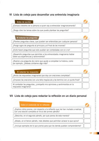 VI Lista de cotejo para desarrollar una entrevista imaginaria

       Antes de escribir
  ¿Conozco detalles de la persona a quien voy a entrevistar imaginariamente?

  ¿Tengo claro los temas sobre los que puedo plantear las preguntas?


       Al redactar las preguntas
  ¿Planteo preguntas claras, que pueden ser entendidas por cualquier persona?

  ¿Pongo signo de pregunta al principio y al final de las mismas?

  ¿Evito hacer preguntas que solo puedan ser contestadas con sí o no?

  ¿Desarrollo preguntas que permitan a los entrevistados imaginarios hablar
  sobre sus experiencias y sentimientos?

  ¿Realizo una pregunta de cierre que ayude a completar la historia, como
  por ejemplo: ¿Deseas contarme algo más?



       Al redactar las respuestas
   ¿Anoto las respuestas imaginarias que doy con oraciones completas?

   ¿Empiezo las oraciones con una letra mayúscula y las termino con un punto final?

   Al contestar las preguntas, ¿comparto mis opiniones y sentimientos en la
   respuesta imaginaria?



VII Lista de cotejo para redactar la reflexión en un diario personal                         DISTRIBUCIÓN GRATUITA - PROHIBIDA SU REPRODUCCIÓN




            Sobre el contenido de mi reflexión

    ¿Explico cómo pienso, con respecto a la reflexión que me han invitado a realizar,
    con una oración completa al inicio del primer párrafo?

    ¿Describo, en el segundo párrafo, por qué pienso de esta manera?

    ¿Añado, en el tercer párrafo, más detalles que permitan aclarar lo que opino?

    ¿Incluyo ejemplos de lo que pienso para que los demás puedan comprenderme?


                                                                                        69
 