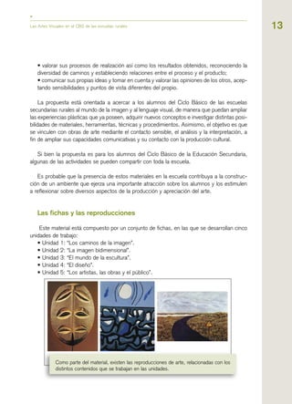13Las Artes Visuales en el CBS de las escuelas rurales
• valorar sus procesos de realización así como los resultados obtenidos, reconociendo la
diversidad de caminos y estableciendo relaciones entre el proceso y el producto;
• comunicar sus propias ideas y tomar en cuenta y valorar las opiniones de los otros, acep-
tando sensibilidades y puntos de vista diferentes del propio.
La propuesta está orientada a acercar a los alumnos del Ciclo Básico de las escuelas
secundarias rurales al mundo de la imagen y al lenguaje visual, de manera que puedan ampliar
las experiencias plásticas que ya poseen, adquirir nuevos conceptos e investigar distintas posi-
bilidades de materiales, herramientas, técnicas y procedimientos. Asimismo, el objetivo es que
se vinculen con obras de arte mediante el contacto sensible, el análisis y la interpretación, a
fin de ampliar sus capacidades comunicativas y su contacto con la producción cultural.
Si bien la propuesta es para los alumnos del Ciclo Básico de la Educación Secundaria,
algunas de las actividades se pueden compartir con toda la escuela.
Es probable que la presencia de estos materiales en la escuela contribuya a la construc-
ción de un ambiente que ejerza una importante atracción sobre los alumnos y los estimulen
a reflexionar sobre diversos aspectos de la producción y apreciación del arte.
Las fichas y las reproducciones
Este material está compuesto por un conjunto de fichas, en las que se desarrollan cinco
unidades de trabajo:
• Unidad 1: “Los caminos de la imagen”.
• Unidad 2: “La imagen bidimensional”.
• Unidad 3: “El mundo de la escultura”.
• Unidad 4: “El diseño”.
• Unidad 5: “Los artistas, las obras y el público”.
Como parte del material, existen las reproducciones de arte, relacionadas con los
distintos contenidos que se trabajan en las unidades.
 