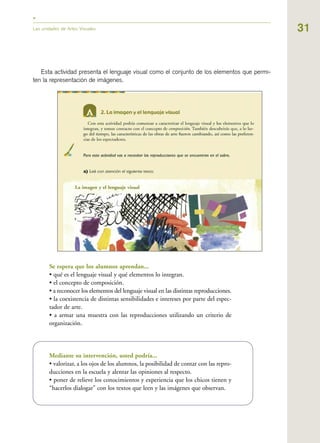 31Las unidades de Artes Visuales
Esta actividad presenta el lenguaje visual como el conjunto de los elementos que permi-
ten la representación de imágenes.
Se espera que los alumnos aprendan...
• qué es el lenguaje visual y qué elementos lo integran.
• el concepto de composición.
• a reconocer los elementos del lenguaje visual en las distintas reproducciones.
• la coexistencia de distintas sensibilidades e intereses por parte del espec-
tador de arte.
• a armar una muestra con las reproducciones utilizando un criterio de
organización.
Mediante su intervención, usted podría...
• valorizar, a los ojos de los alumnos, la posibilidad de contar con las repro-
ducciones en la escuela y alentar las opiniones al respecto.
• poner de relieve los conocimientos y experiencia que los chicos tienen y
“hacerlos dialogar” con los textos que leen y las imágenes que observan.
 