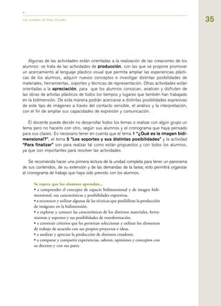 35Las unidades de Artes Visuales
Algunas de las actividades están orientadas a la realización de las creaciones de los
alumnos: se trata de las actividades de producción, con las que se propone promover
un acercamiento al lenguaje plástico visual que permita ampliar las experiencias plásti-
cas de los alumnos, adquirir nuevos conceptos e investigar distintas posibilidades de
materiales, herramientas, soportes y técnicas de representación. Otras actividades están
orientadas a la apreciación, para que los alumnos conozcan, analicen y disfruten de
las obras de artistas plásticos de todos los tiempos y lugares que también han trabajado
en la bidimensión. De esta manera podrán acercarse a distintas posibilidades expresivas
de este tipo de imágenes a través del contacto sensible, el análisis y la interpretación,
con el fin de ampliar sus capacidades de expresión y comunicación.
El docente puede decidir no desarrollar todos los temas o realizar con algún grupo un
tema pero no hacerlo con otro, según sus alumnos y el cronograma que haya pensado
para sus clases. Es necesario tener en cuenta que el tema 1 “¿Qué es la imagen bidi-
mensional?”, el tema 5 “Los soportes y sus distintas posibilidades” y la actividad
“Para finalizar” son para realizar tal como están propuestos y con todos los alumnos,
ya que son importantes para resolver las actividades.
Se recomienda hacer una primera lectura de la unidad completa para tener un panorama
de sus contenidos, de su extensión y de las demandas de la tarea; esto permitirá organizar
el cronograma de trabajo que haya sido previsto con los alumnos.
Se espera que los alumnos aprendan...
• a comprender el concepto de espacio bidimensional y de imagen bidi-
mensional, sus características y posibilidades expresivas.
• a reconocer y utilizar algunas de las técnicas que posibilitan la producción
de imágenes en la bidimensión.
• a explorar y conocer las características de los distintos materiales, herra-
mientas y soportes y sus posibilidades de transformación.
• a construir criterios que les permitan seleccionar y utilizar los elementos
de trabajo de acuerdo con sus propios proyectos e ideas.
• a analizar y apreciar la producción de distintos creadores.
• a comparar y compartir experiencias, saberes, opiniones y conceptos con
su docente y con sus pares.
 