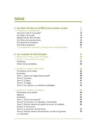 1. Las Artes Visuales en el CBS de las escuelas rurales
1. Plástica en la escuela rural
¿Por qué el arte en la escuela?
La imagen y la escuela
Objetivos de las Artes Visuales
Las fichas y las reproducciones
El enfoque de la enseñanza
Acerca de la evaluación
2. La organización de tiempos y espacios para la actividad plástica
2. Las unidades de Artes Visuales
Análisis de los temas y de las actividades
Unidad 1. Los caminos de la imagen
Contenidos
Análisis de las actividades
Unidad 2. La imagen bidimensional
Presentación de la unidad
Contenidos
Tema 1. ¿Qué es la imagen bidimensional?
Tema 2. La pintura
Tema 3. El dibujo
Tema 4. El collage
Tema 5. Los soportes y sus distintas posibilidades
Unidad 3. El mundo de la escultura
Presentación de la Unidad
Objetivos
Contenidos
Tema 1. ¿Qué es la escultura?
Tema 2. La escultura, sus materiales y herramientas
Tema 3. Distintas maneras de realizar esculturas: el modelado,
la talla y la construcción
Tema 4. La escultura y el movimiento
Tema 5. Distintas maneras de representar: esculturas figurativas
y no figurativas
ÍNDICE
11
12
12
13
14
15
20
22
23
27
28
31
31
32
36
36
38
38
40
47
51
54
60
60
61
62
63
65
66
72
76
 