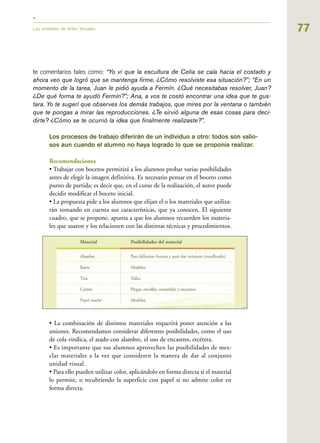 77
te comentarios tales como: “Yo vi que la escultura de Celia se caía hacia el costado y
ahora veo que logró que se mantenga firme. ¿Cómo resolviste esa situación?”; “En un
momento de la tarea, Juan le pidió ayuda a Fermín. ¿Qué necesitabas resolver, Juan?
¿De qué forma te ayudó Fermín?”; Ana, a vos te costó encontrar una idea que te gus-
tara. Yo te sugerí que observes los demás trabajos, que mires por la ventana o también
que te pongas a mirar las reproducciones. ¿Te sirvió alguna de esas cosas para deci-
dirte? ¿Cómo se te ocurrió la idea que finalmente realizaste?”.
Los procesos de trabajo diferirán de un individuo a otro: todos son valio-
sos aun cuando el alumno no haya logrado lo que se proponía realizar.
Recomendaciones
• Trabajar con bocetos permitirá a los alumnos probar varias posibilidades
antes de elegir la imagen definitiva. Es necesario pensar en el boceto como
punto de partida; es decir que, en el curso de la realización, el autor puede
decidir modificar el boceto inicial.
• La propuesta pide a los alumnos que elijan el o los materiales que utiliza-
rán tomando en cuenta sus características, que ya conocen. El siguiente
cuadro, que se propone, apunta a que los alumnos recuerden los materia-
les que usaron y los relacionen con las distintas técnicas y procedimientos.
• La combinación de distintos materiales requerirá poner atención a las
uniones. Recomendamos considerar diferentes posibilidades, como el uso
de cola vinílica, el atado con alambre, el uso de encastres, etcétera.
• Es importante que sus alumnos aprovechen las posibilidades de mez-
clar materiales a la vez que consideren la manera de dar al conjunto
unidad visual.
• Para ello pueden utilizar color, aplicándolo en forma directa si el material
lo permite, o recubriendo la superficie con papel si no admite color en
forma directa.
Las unidades de Artes Visuales
 