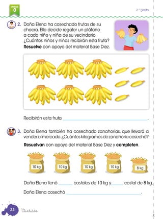 0
3
UNIDAD
0 2.° grado
2. Doña Elena ha cosechado frutas de su
chacra. Ella decide regalar un plátano
a cada niño y niña de su vecindario.
¿Cuántos niños y niñas recibirán esta fruta?
Resuelve con apoyo del material Base Diez.
3. Doña Elena también ha cosechado zanahorias, que llevará a
venderalmercado.¿Cuántoskilogramosdezanahoriacosechó?
Resuelvan con apoyo del material Base Diez y completen.
Doña Elena llenó _______ costales de 10 kg y______ costal de 8 kg.
Doña Elena cosechó _____________________________________.
Recibirán esta fruta __________________________________________.
10 kg 10 kg 10 kg 10 kg 8 kg
Veintidós22
 