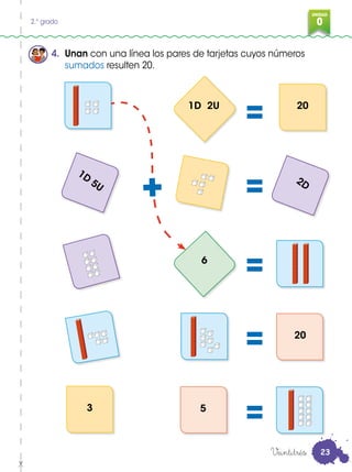 UNIDAD
02.° grado
4. Unan con una línea los pares de tarjetas cuyos números
sumados resulten 20.
5
20
6
3
201D 2U
1D
5U
2D
=
=
=
=
=
Veintitrés
+
23
 