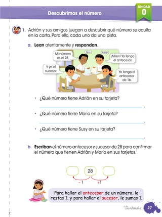 UNIDAD
0Descubrimos el número
1. Adrián y sus amigos juegan a descubrir qué número se oculta
en la carta. Para ello, cada uno da una pista.
a. Lean atentamente y respondan.
b. Escriban el número antecesor y sucesor de 28 para confirmar
el número que tienen Adrián y Mario en sus tarjetas.
• ¿Qué número tiene Adrián en su tarjeta?
____________________________________________________.
• ¿Qué número tiene Mario en su tarjeta?
____________________________________________________.
• ¿Qué número tiene Susy en su tarjeta?
____________________________________________________.
– 1 +1
28
Para hallar el antecesor de un número, le
restas 1, y para hallar el sucesor, le sumas 1.
¡Miren! Yo tengo
el antecesor.
Y yo el
sucesor.
Mi número
es el 28.
Yo tengo el
antecesor
de 16.
Veintisiete
Mario
Nico Adrián
Susy
27
 