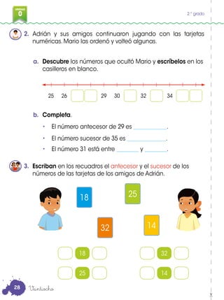 0
3
UNIDAD
0 2.° grado
2. Adrián y sus amigos continuaron jugando con las tarjetas
numéricas. Mario las ordenó y volteó algunas.
3. Escriban en los recuadros el antecesor y el sucesor de los
números de las tarjetas de los amigos de Adrián.
a. Descubre los números que ocultó Mario y escríbelos en los
casilleros en blanco.
b. Completa.
• El número antecesor de 29 es ____________.
• El número sucesor de 35 es ______________.
• El número 31 está entre ________ y ________.
25 26 29 30 32 34
18
25
32
14
Veintiocho
2518
32 14
28
 