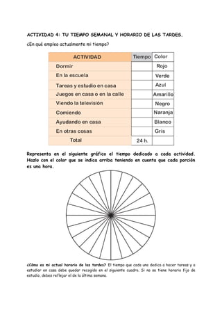 ACTIVIDAD 4: TU TIEMPO SEMANAL Y HORARIO DE LAS TARDES.
¿En qué empleo actualmente mi tiempo?
Representa en el siguiente gráfico el tiempo dedicado a cada actividad.
Hazlo con el color que se indica arriba teniendo en cuenta que cada porción
es una hora.
¿Cómo es mi actual horario de las tardes? El tiempo que cada uno dedica a hacer tareas y a
estudiar en casa debe quedar recogido en el siguiente cuadro. Si no se tiene horario fijo de
estudio, debes reflejar el de la última semana.
 