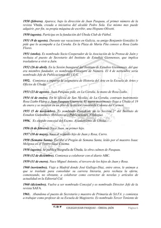 COLEGIO JUAN PASQUAU – ÚBEDA. JAÉN Página 6
1950 (febrero). Aparece, bajo la dirección de Juan Pasquau, el primer número de la
revista Vbeda, creada a iniciativa del alcalde Pedro Sola. Ese mismo mes puede
adquirir, por fin, su propia máquina de escribir, una Hispano Olivetti.
1950 (agosto). Participa en la fundación del Úbeda Club de Fútbol.
1951 (9 de agosto). Durante sus vacaciones en Galicia, su amigo Benjamín González le
pide que lo acompañe a La Coruña. En la Plaza de María Pita conoce a Rosa Liaño
Flores.
1951 (otoño). Es nombrado Socio Cooperador de la Asociación de la Prensa de Jaén y
rechaza el puesto de Secretario del Instituto de Estudios Giennenses, que implica
trasladarse a vivir a Jaén.
1952 (26 de abril). En la Sesión Inaugural del Instituto de Estudios Giennenses, del que
era miembro fundador, es nombrado Consejero de Número. El 4 de noviembre sería
nombrado Jefe de Publicaciones del I.E.G.
1952. Comienza a impartir la asignatura de Historia del Arte en la Escuela de Artes y
Oficios de Úbeda.
1953 (23 de agosto). Juan Pasquau pide, en La Coruña, la mano de Rosa Liaño.
1954 (4 de enero). En la iglesia de San Nicolás, de La Coruña, contraen matrimonio
Rosa Liaño Flores y Juan Pasquau Guerrero. El nuevo matrimonio llega a Úbeda el 19
de enero y se instalan en un piso de la recién construida Colonia del Carmen.
1955 (5 de noviembre). Es nombrado Presidente de la Sección 1ª del Instituto de
Estudios Giennenses (Bibliotecas y Publicaciones, Filología).
1956. Es elegido concejal del Excmo. Ayuntamiento de Úbeda.
1956 (6 de febrero). Nace Juan, su primer hijo.
1957 (10 de mayo). Nace el segundo hijo de Juan y Rosa, Curro.
1958 (Semana Santa). Escribe el Pregón de Semana Santa, leído por el maestro Isaac
Melgosa en el Teatro Ideal Cinema.
1958 (agosto). Se publica Biografía de Úbeda, la obra culmen de Pasquau.
1958 (12 de diciembre). Comienza a colaborar con el diario ABC.
1959 (11 de enero). Nace Miguel Antonio, el tercero de los hijos de Juan y Rosa.
1960 (noviembre). Viaje a Madrid donde José Gallego-Díaz, entre otros, le animan a
que se traslade para consolidar su carrera literaria, pero rechaza la oferta,
comenzando, no obstante, a colaborar como corrector de novelas y artículos de
actualidad en la Editorial Cid.
1960 (diciembre). Vuelve a ser nombrado Concejal y es nombrado Director Jefe de la
revista SAFA.
1961. Abandona el puesto de Secretario y maestro de Primaria de SA.FA. y comienza
a trabajar como profesor de su Escuela de Magisterio. Es nombrado Tercer Teniente de
 