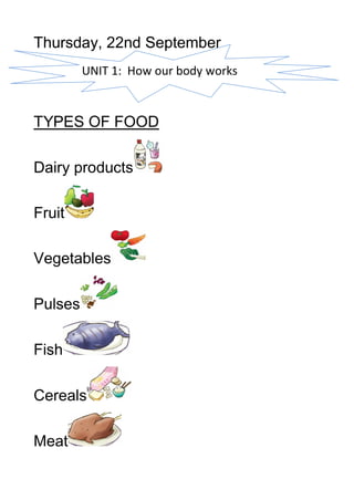 Thursday, 22nd September
         UNIT 1: How our body works


TYPES OF FOOD

Dairy products

Fruit

Vegetables

Pulses

Fish

Cereals

Meat
 