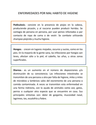ENFERMEDADES POR MAL HABITO DE HIGIENE
Pediculosis.- consiste en la presencia de piojos en la cabeza,
produciendo picazón, y al rascarse pueden producir heridas. Se
contagia de persona en persona, por usar peines infectados o por
contacto de ropa de cama o de vestir. Se combate utilizando
shampoo piojicida y mucha higiene.
Hongos.- crecen en lugares mojados, oscuros y sucios, como en los
pies. En la mayoría de la gente sana, las infecciones por hongos son
leves, afectan sólo a la piel, el cabello, las uñas, u otras zonas
superficiales.
Diarrea.- es un aumento en el número de deposiciones y/o
disminución de su consistencia. Las infecciones intestinales se
transmiten de una persona a otra por falta de higiene, miles y miles
de microbios y lombrices sales del excremento de una persona o
comida contaminada. A veces se transmiten esta enfermedad en
una forma indirecta, con la ayuda de animales como ave, gatos,
perros o cualquier otra especie que se encuentre en casa. Sus
principales síntomas son: dolor de garganta, mucosidad nasal,
lagrimeo, tos, escalofrío y fiebre.
 