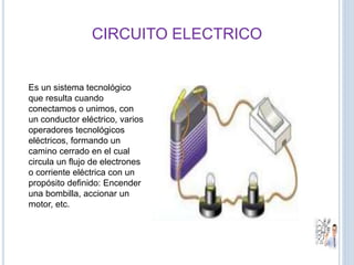 CIRCUITO ELECTRICO
Es un sistema tecnológico
que resulta cuando
conectamos o unimos, con
un conductor eléctrico, varios
operadores tecnológicos
eléctricos, formando un
camino cerrado en el cual
circula un flujo de electrones
o corriente eléctrica con un
propósito definido: Encender
una bombilla, accionar un
motor, etc.
 