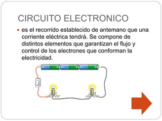 CIRCUITO ELECTRONICO
 es el recorrido establecido de antemano que una
corriente eléctrica tendrá. Se compone de
distintos elementos que garantizan el flujo y
control de los electrones que conforman la
electricidad.
 