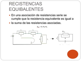 RECISTENCIAS
EQUIBALENTES
 En una asociación de resistencias serie se
cumple que la resistencia equivalente es igual a
 la suma de las resistencias asociadas.
 
