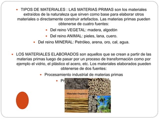  TIPOS DE MATERIALES : LAS MATERIAS PRIMAS son los materiales
extraídos de la naturaleza que sirven como base para elaborar otros
materiales o directamente construir artefactos. Las materias primas pueden
obtenerse de cuatro fuentes:
 Del reino VEGETAL: madera, algodón
 Del reino ANIMAL: pieles, lana, cuero.
 Del reino MINERAL: Petróleo, arena, oro, cal, agua.
 LOS MATERIALES ELABORADOS son aquellos que se crean a partir de las
materias primas luego de pasar por un proceso de transformación como por
ejemplo el vidrio, el plástico el acero, etc. Los materiales elaborados pueden
obtenerse de dos fuentes:
 Procesamiento industrial de materias primas
 Procesos de RECICLAJE.
 