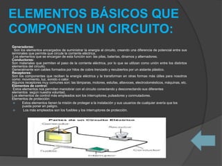 ELEMENTOS BÁSICOS QUE
COMPONEN UN CIRCUITO:
Generadores:
Son los elementos encargados de suministrar la energía al circuito, creando una diferencia de potencial entre sus
terminales que permite que circule la corriente eléctrica.
Los elementos que se encargan de esta función son: las pilas, baterías, dinamos y alternadores.
Conductores:
Son materiales que permiten el paso de la corriente eléctrica, por lo que se utilizan como unión entre los distintos
elementos del circuito.
Generalmente son cables formados por hilos de cobre trenzado y recubiertos por un aislante plástico.
Receptores:
Son los componentes que reciben la energía eléctrica y la transforman en otras formas más útiles para nosotros
como: movimiento, luz, sonido o calor.
Algunos receptores muy comunes son: las lámparas, motores, estufas, altavoces, electrodomésticos, máquinas, etc.
Elementos de control:
Estos elementos nos permiten maniobrar con el circuito conectando y desconectando sus diferentes
elementos según nuestra voluntad.
Los elementos de control más empleados son los interruptores, pulsadores y conmutadores.
Elementos de protección:
 Estos elementos tienen la misión de proteger a la instalación y sus usuarios de cualquier avería que los
pueda poner en peligro.
 Los más empleados son los fusibles y los interruptores de protección.
 