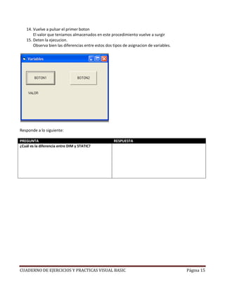 14. Vuelve a pulsar el primer boton
       El valor que teniamos almacenados en este procedimiento vuelve a surgir
   15. Deten la ejecucion.
       Observa bien las diferencias entre estos dos tipos de asignacion de variables.




Responde a lo siguiente:

PREGUNTA                                            RESPUESTA
¿Cuál es la diferencia entre DIM y STATIC?          Dim declara una variable en un procedimiento y cada
                                                    que se ejecuta inicializa nuevamente con un valor
                                                    asignado.

                                                    Static por otra parte conserva el valor de la variable
                                                    asignada o modificada aunque entremos varias veces
                                                    al mismo procedimiento.




CUADERNO DE EJERCICIOS Y PRACTICAS VISUAL BASIC                                                 Página 15
 