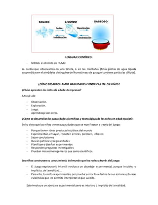LENGUAJE CIENTÍFICO:
- NIEBLA es distinto de HUMO
La niebla que observamos en una tetera, o en las montañas (finas gotitas de agua líquida
suspendidasenel aire) debe distinguirsedel humo (masa de gas que contiene partículas sólidos).
¿CÓMO DESARROLLAMOS HABILIDADES CIENTIFICAS EN LOS NIÑOS?
¿Cómo aprenden los niños de edades tempranas?
A través de:
- Observación.
- Exploración.
- Juego.
- Aprendizaje con otros.
¿Cómo se desarrollan las capacidades científicas y tecnológicas de los niños en edad escolar?:
Se ha visto que los niños tienen capacidades que se manifiestan a través del juego:
- Porque tienen ideas previas o intuitivas del mundo
- Experimentan, ensayan, cometen errores, predicen, infieren
- Sacan conclusiones
- Buscan patrones y regularidades
- Planifican o diseñan experimentos
- Responden preguntas investigables
- Prueban más como ingenieros que como científicos.
Los niños construyen su conocimiento del mundo que los rodea a través del juego:
- El juego exploratorio infantil involucra un abordaje experimental, aunque intuitivo o
implícito, de la realidad....
- Para ello, los niños experimentan, por prueba y error los efectos de sus acciones y buscan
evidencias que les permita interpretar lo que sucede.
Esto involucra un abordaje experimental pero es intuitivo o implícito de la realidad.
 