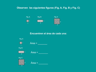 1 1 1 1 x x x x 1 1 Observen  las siguientes figuras (Fig. A, Fig. B y Fig. C) Fig. A Fig. B Fig. C x Encuentren el área de cada una: Fig. A Área = _______ Fig. B Área = _______ Fig. C Área = _______ x 