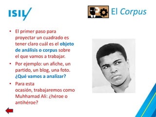 El Corpus
• El primer paso para
  proyectar un cuadrado es
  tener claro cuál es el objeto
  de análisis o corpus sobre
  el que vamos a trabajar.
• Por ejemplo: un afiche, un
  partido, un blog, una foto.
  ¿Qué vamos a analizar?
• Para esta
  ocasión, trabajaremos como
  Muhhamad Ali: ¿héroe o
  antihéroe?
 