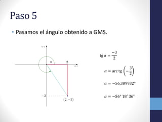 Paso 5
• Pasamos el ángulo obtenido a GMS.
𝛼 = −56° 18′
36′′
𝛼 = −56,309932°
𝛼 = arc tg −
3
2
tg 𝛼 =
−3
2
 