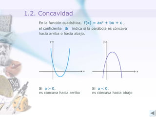 1.2. Concavidad
En la función cuadrática, f(x) = ax2 + bx + c ,
el coeficiente a indica si la parábola es cóncava
hacia arriba o hacia abajo.

Si a > 0,
es cóncava hacia arriba

Si a < 0,
es cóncava hacia abajo

 