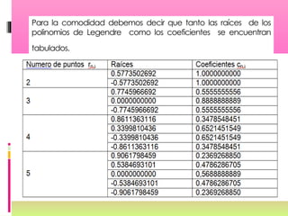 Para la comodidad debemos decir que tanto las raíces de los
polinomios de Legendre como los coeficientes se encuentran
tabulados.
 