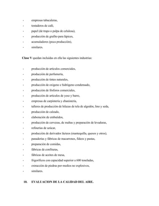 - empresas tabacaleras,
- tostaderos de café,
- papel (de trapo o pulpa de celulosa),
- producción de grafito para lápices,
- acumuladores (poca producción),
- similares.
Clase V quedan incluidas en ella las siguientes industrias:
- producción de artículos comerciales,
- producción de perfumería,
- producción de tintes naturales,
- producción de oxígeno e hidrógeno condensado,
- producción de fósforos comerciales,
- producción de artículos de yeso y barro,
- empresas de carpintería y ebanistería,
- talleres de producción de hilazas de tela de algodón, lino y seda,
- producción de calzado,
- elaboración de embutidos,
- producción de cervezas, de maltas y preparación de levaduras,
- refinerías de azúcar,
- producción de derivados lácteos (mantequilla, quesos y otros),
- panaderías y fábricas de macarrones, fideos y pastas,
- preparación de comidas,
- fábricas de confituras,
- fábricas de aceites de mesa,
- frigoríficos con capacidad superior a 600 toneladas,
- extracción de piedras por medios no explosivos,
- similares.
10. EVALUACION DE LA CALIDAD DEL AIRE.
 